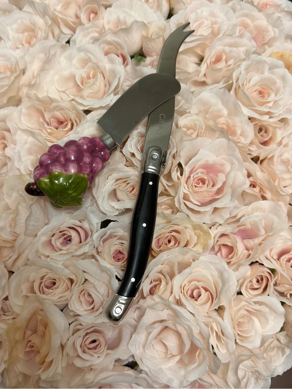 Black-Handled Cheese Knife Set with Purple Grape Spreader